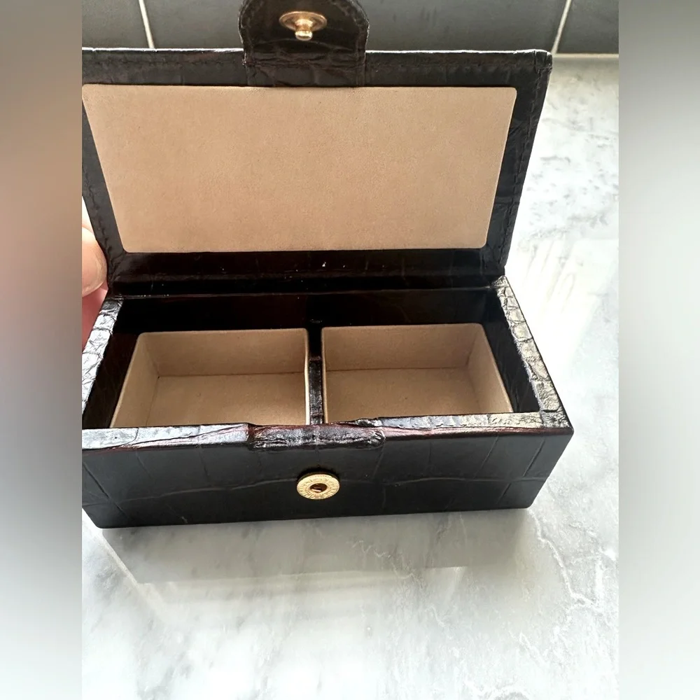 Smythson Dark Brown Croc-Embossed Jewelry Box with Gold Hardware